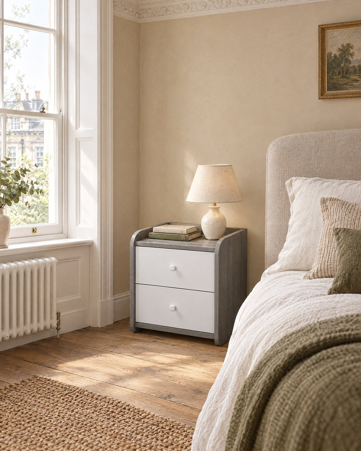 Compact grey and white bedside table beside a linen bed in a British bedroom with a sash window