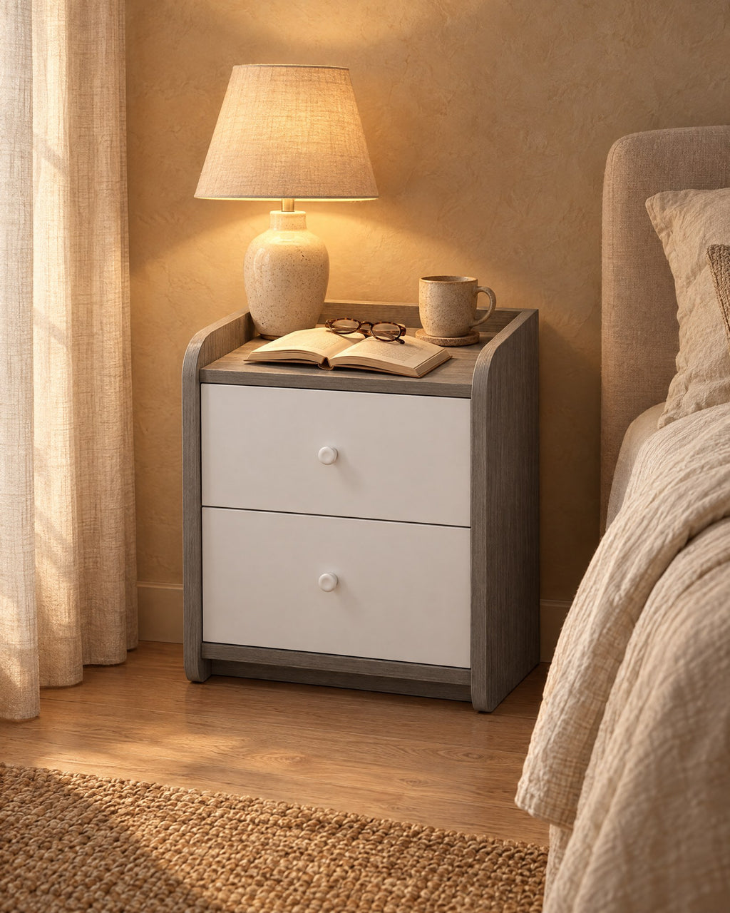 Compact grey and white bedside table with a lamp switched on and an open book in the evening