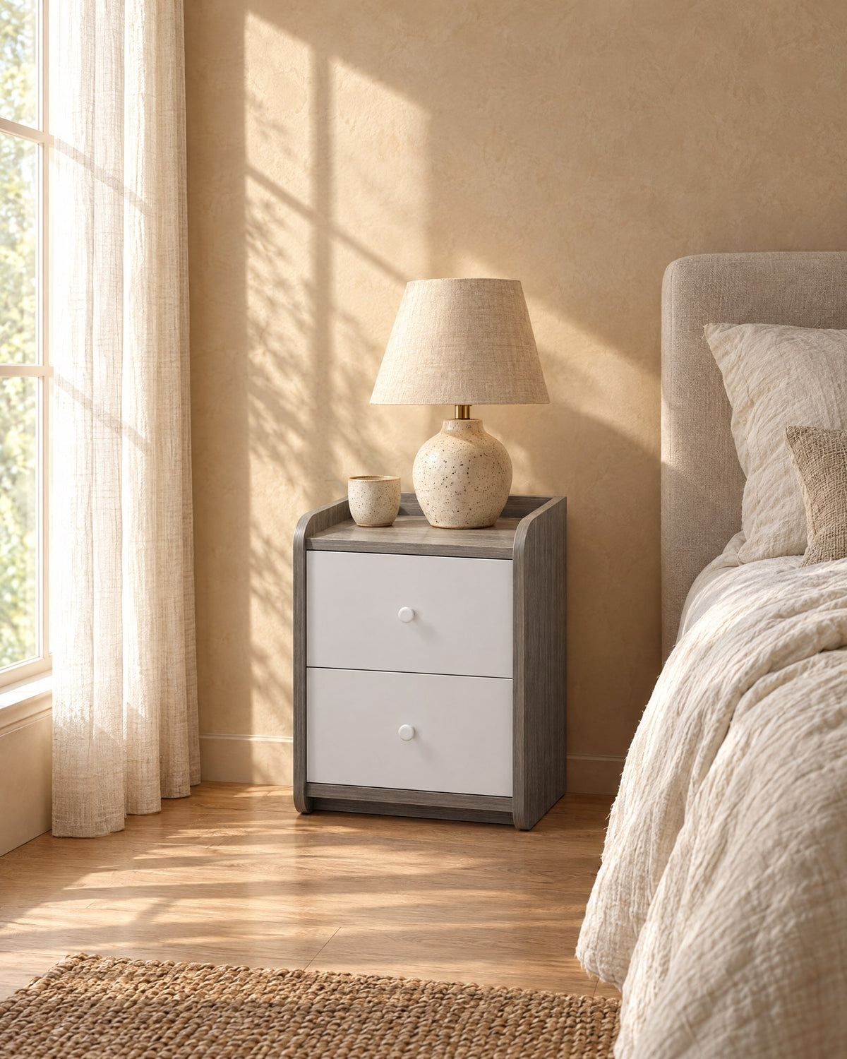 Grey and white bedside table with two drawers in morning light