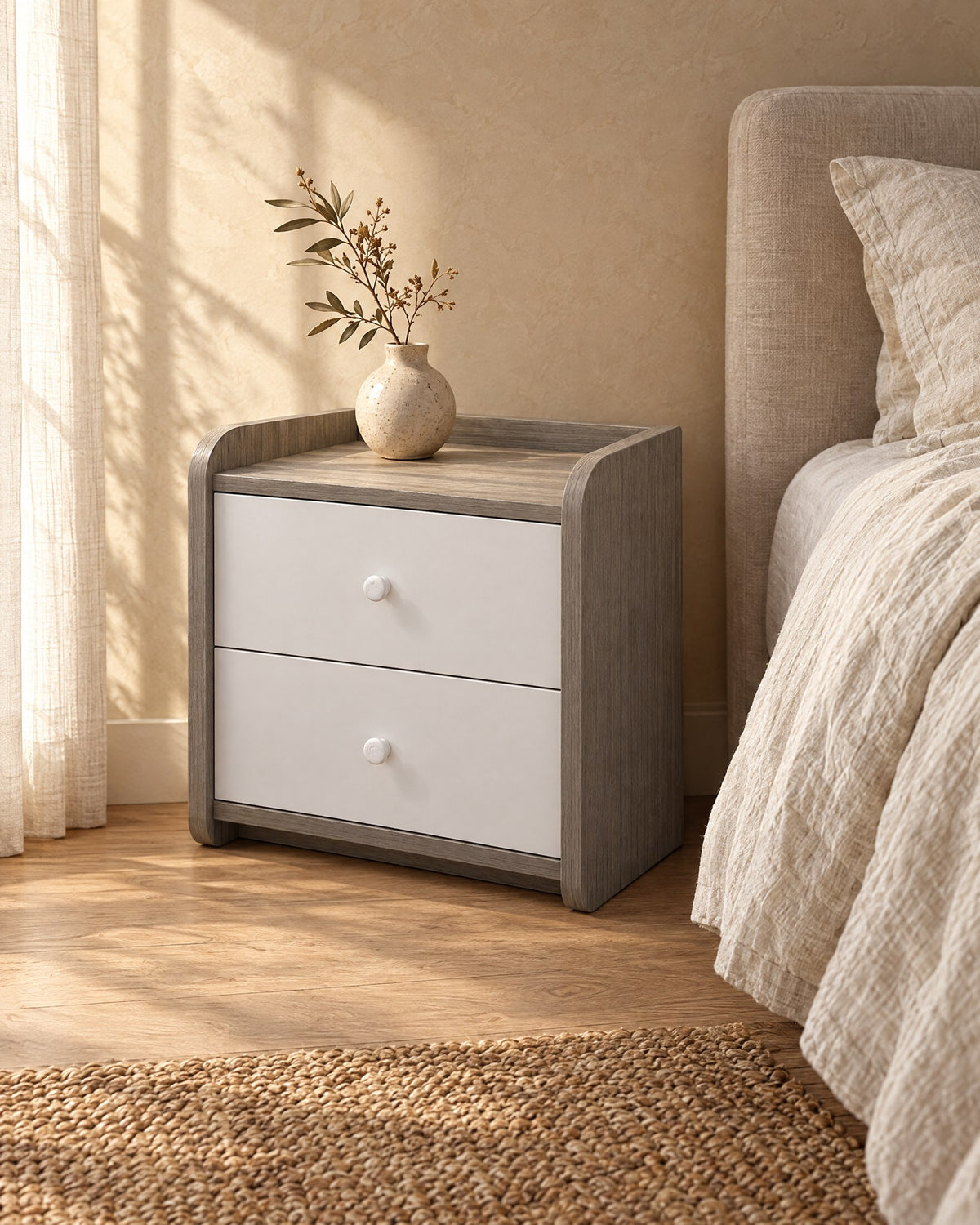 Three-quarter view of the grey and white bedside table showing the curved side panels