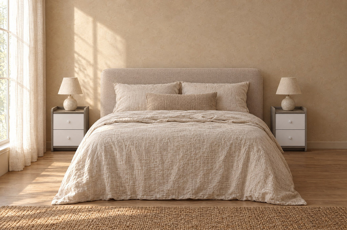 Pair of compact grey and white bedside tables on each side of a double bed
