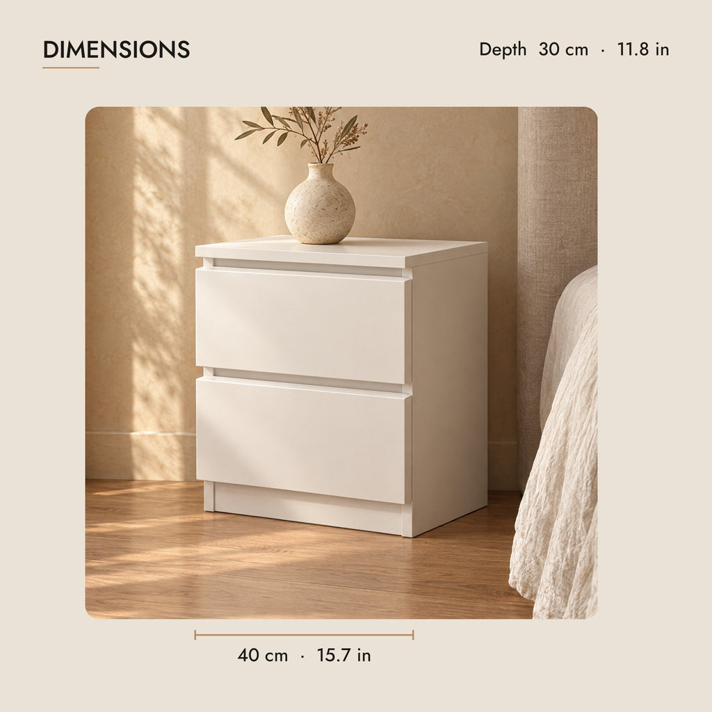 Compact white bedside table dimensions: 40 cm wide, 30 cm deep