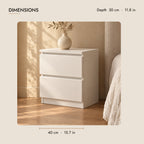 Compact white bedside table dimensions: 40 cm wide, 30 cm deep