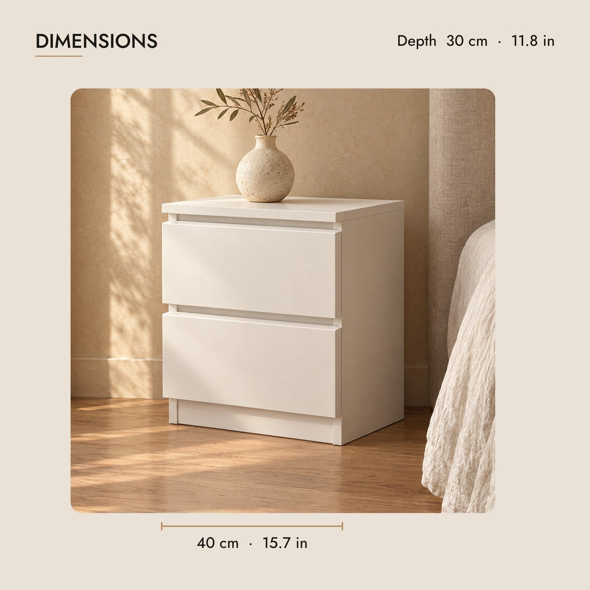 Compact white bedside table dimensions: 40 cm wide, 30 cm deep