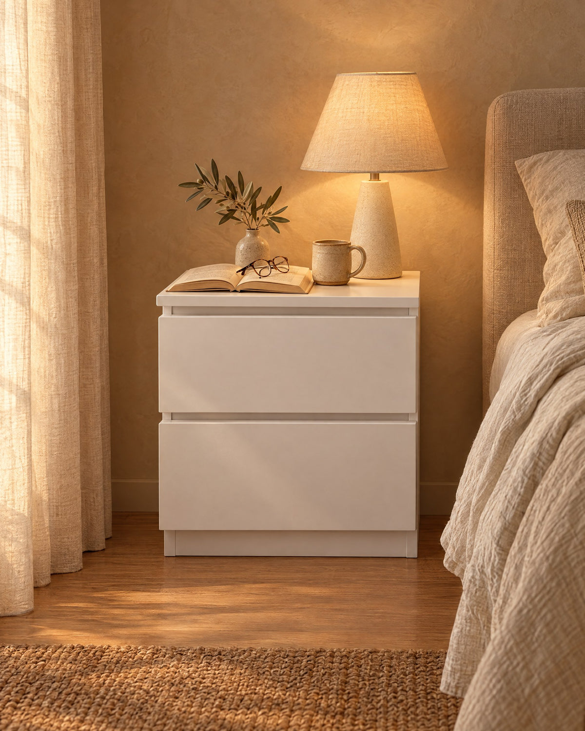 Compact white bedside table with a lamp switched on and an open book in the evening
