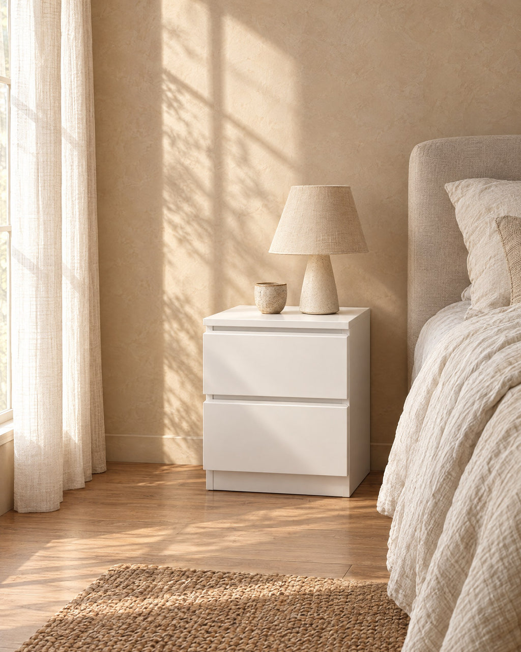 Compact white bedside table with a ceramic lamp in morning light