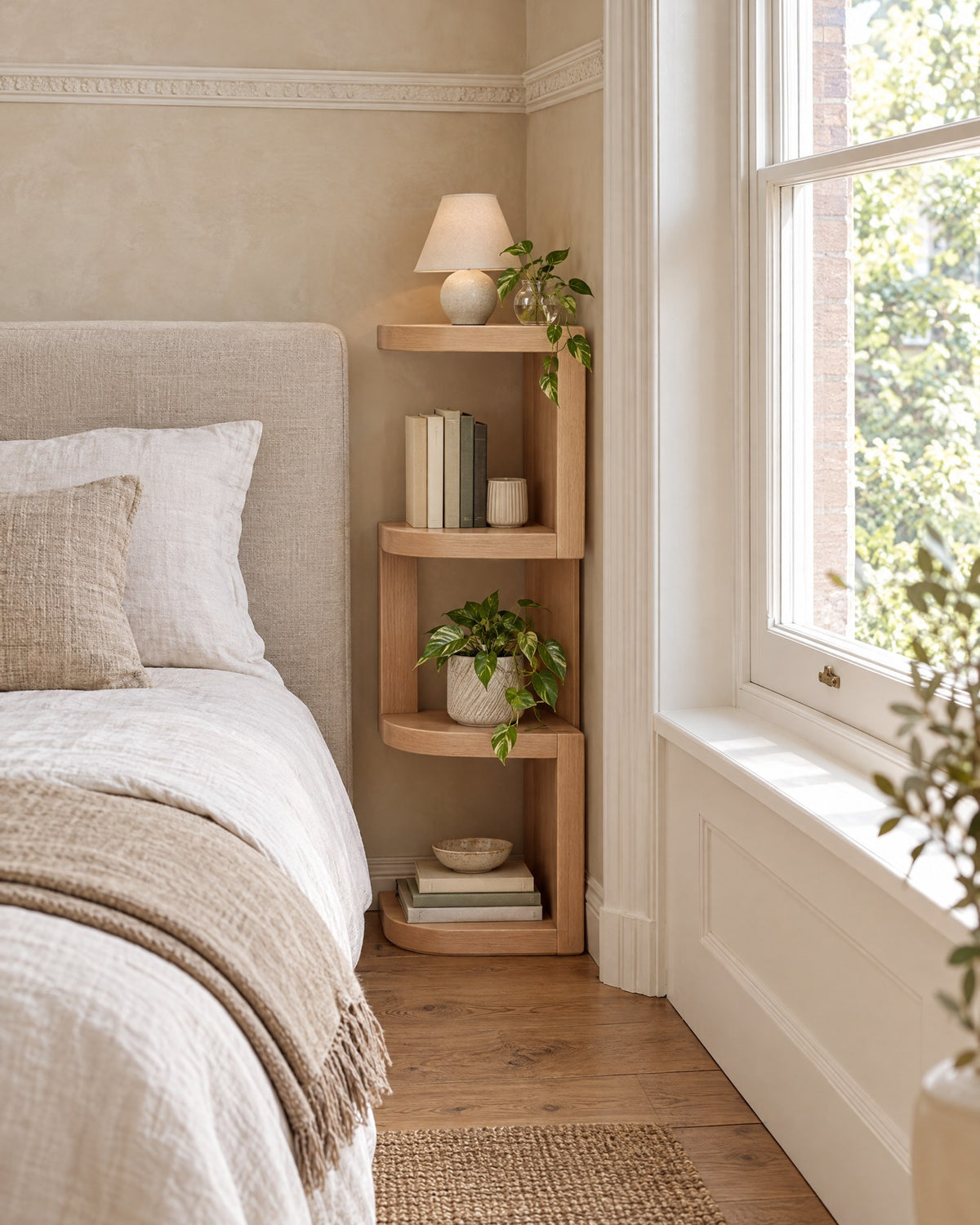 Corner bedside shelf with four rounded tiers beside a linen bed in a British bedroom with a sash window