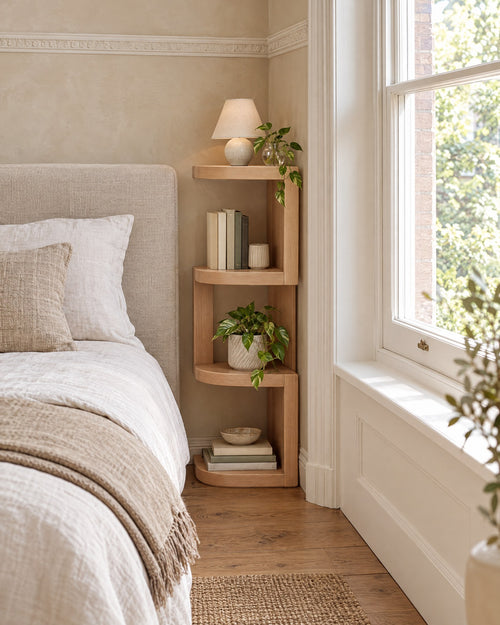 Corner bedside shelf with four rounded tiers beside a linen bed in a British bedroom with a sash window