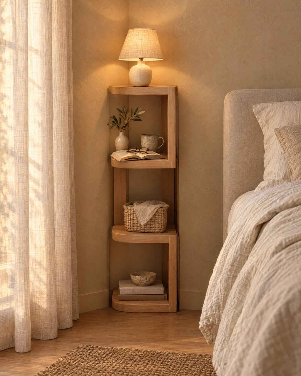 Light oak corner bedside shelf with a lamp switched on, an open book and reading glasses in the evening