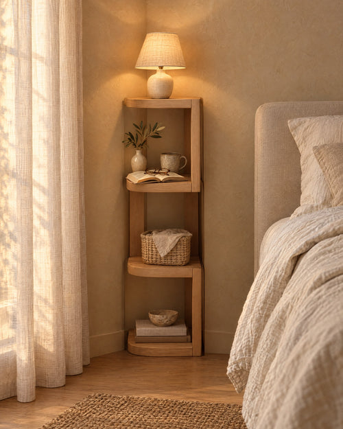 Light oak corner bedside shelf with a lamp switched on, an open book and reading glasses in the evening