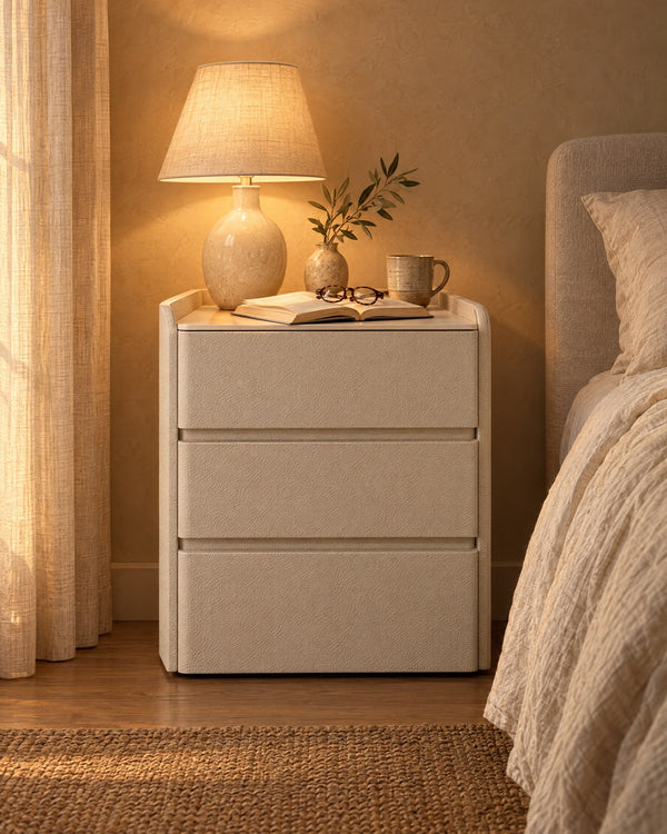 Cream Bedside Table with 3 Drawers and Leather-Look Finish