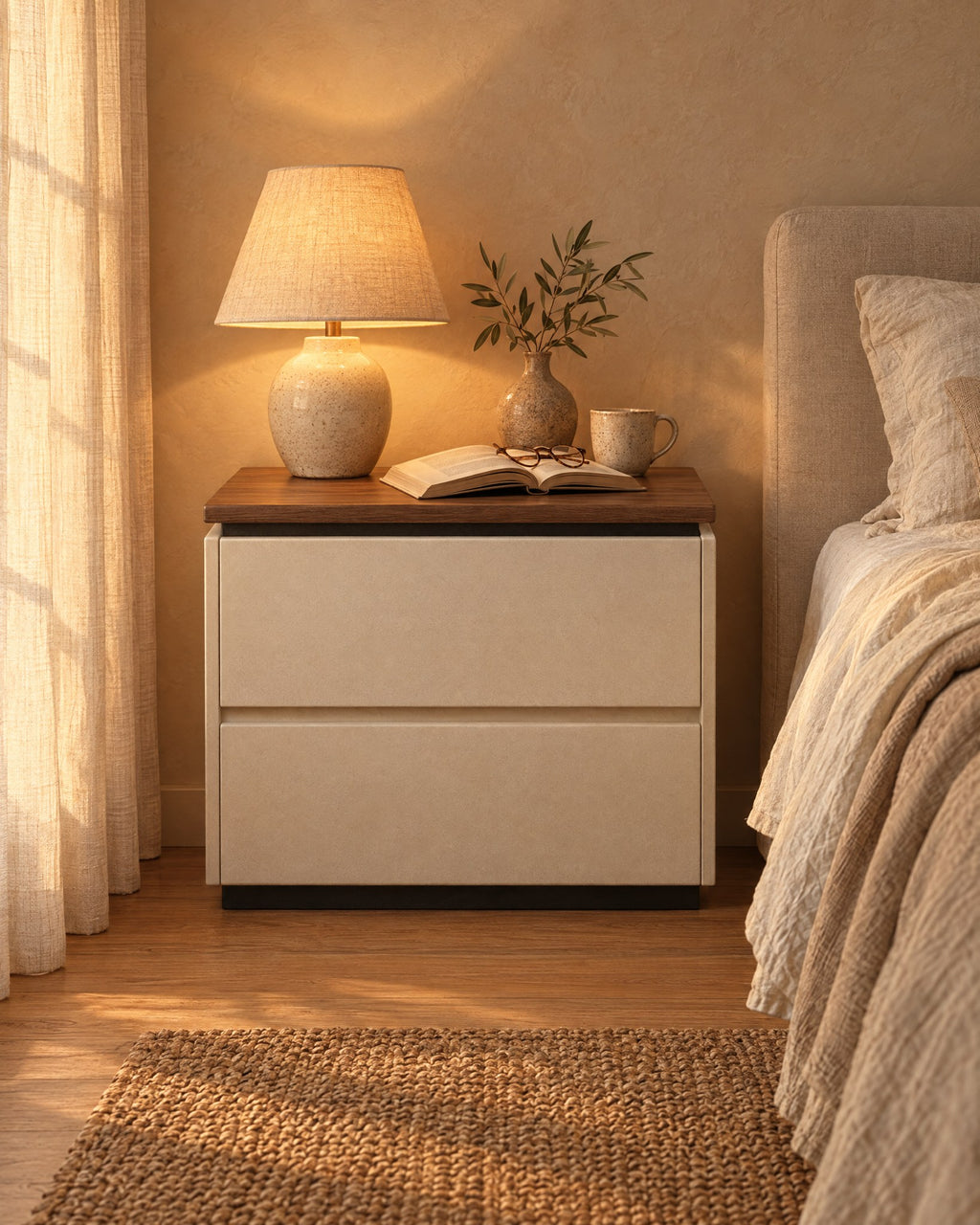 Cream bedside table with a walnut-tone top, a lamp switched on and an open book in the evening
