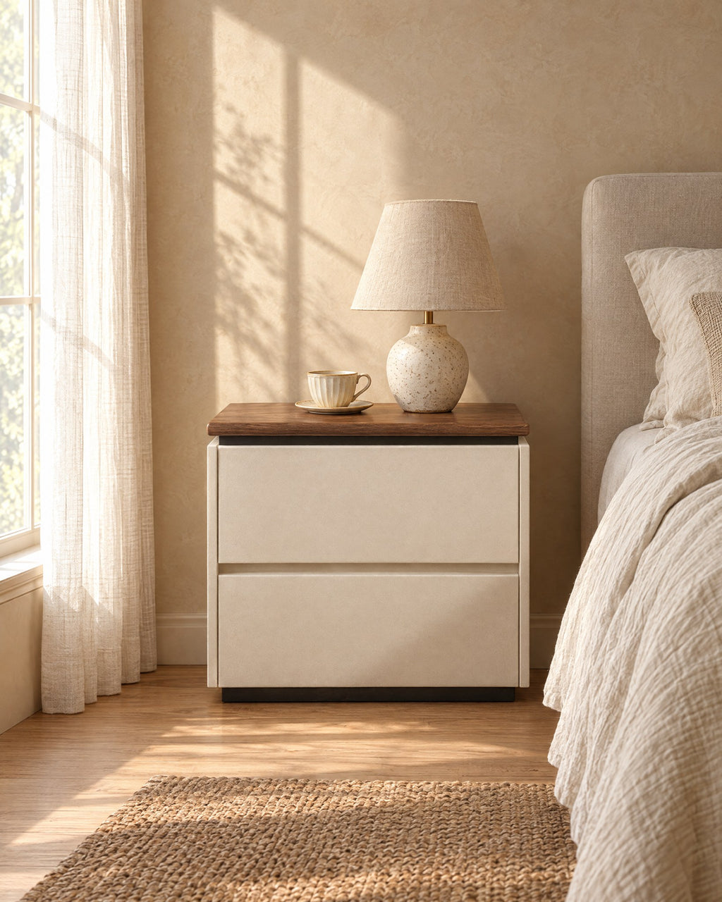 Cream bedside table with a walnut-tone top and a ceramic lamp in morning light
