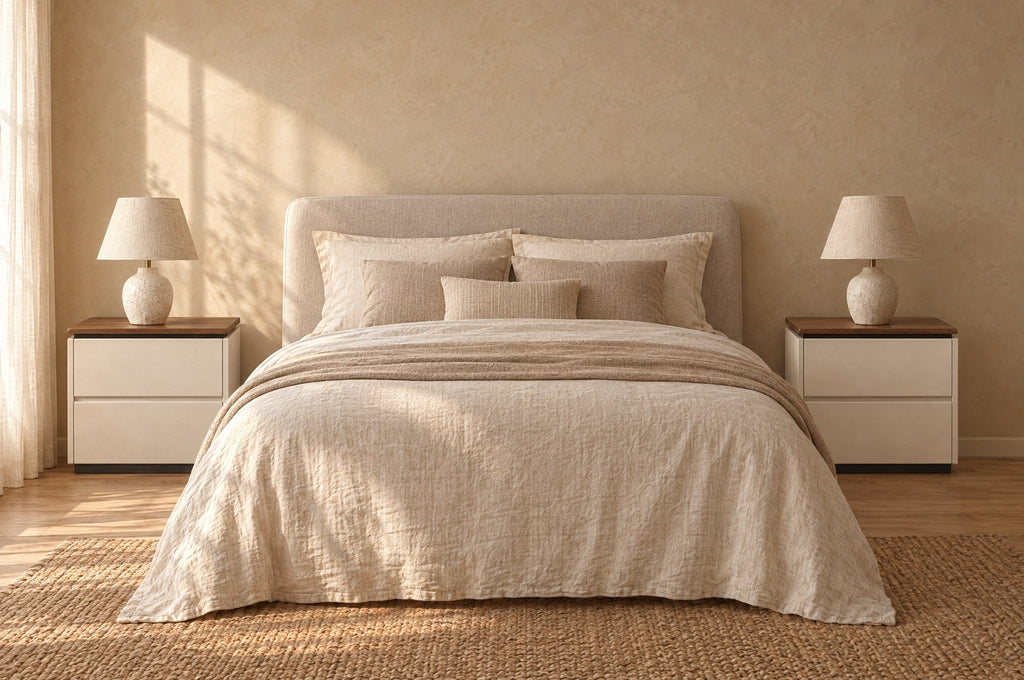 Pair of cream bedside tables with walnut-tone tops on each side of a double bed