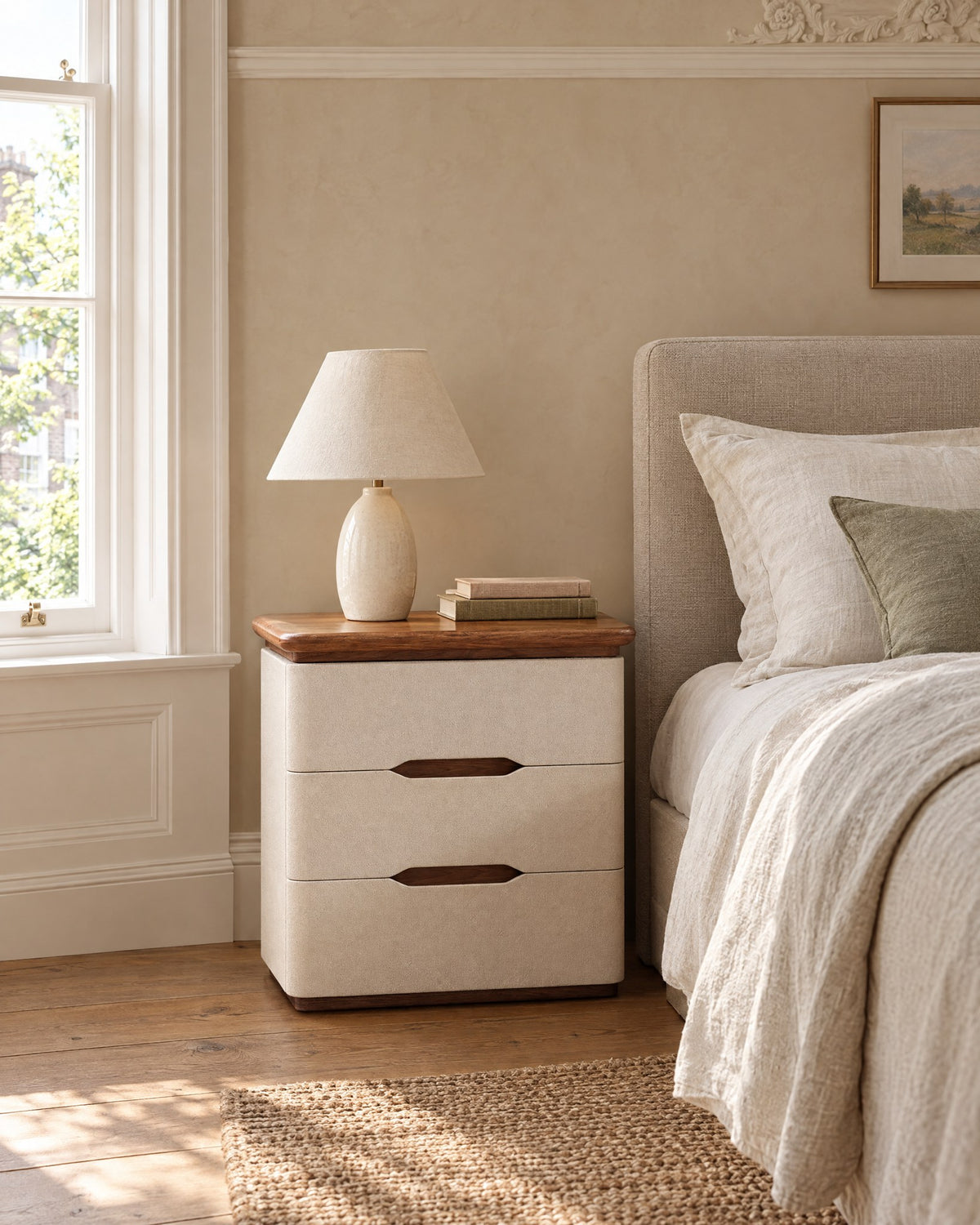 Cream three-drawer bedside table beside a linen bed in a British bedroom with a sash window