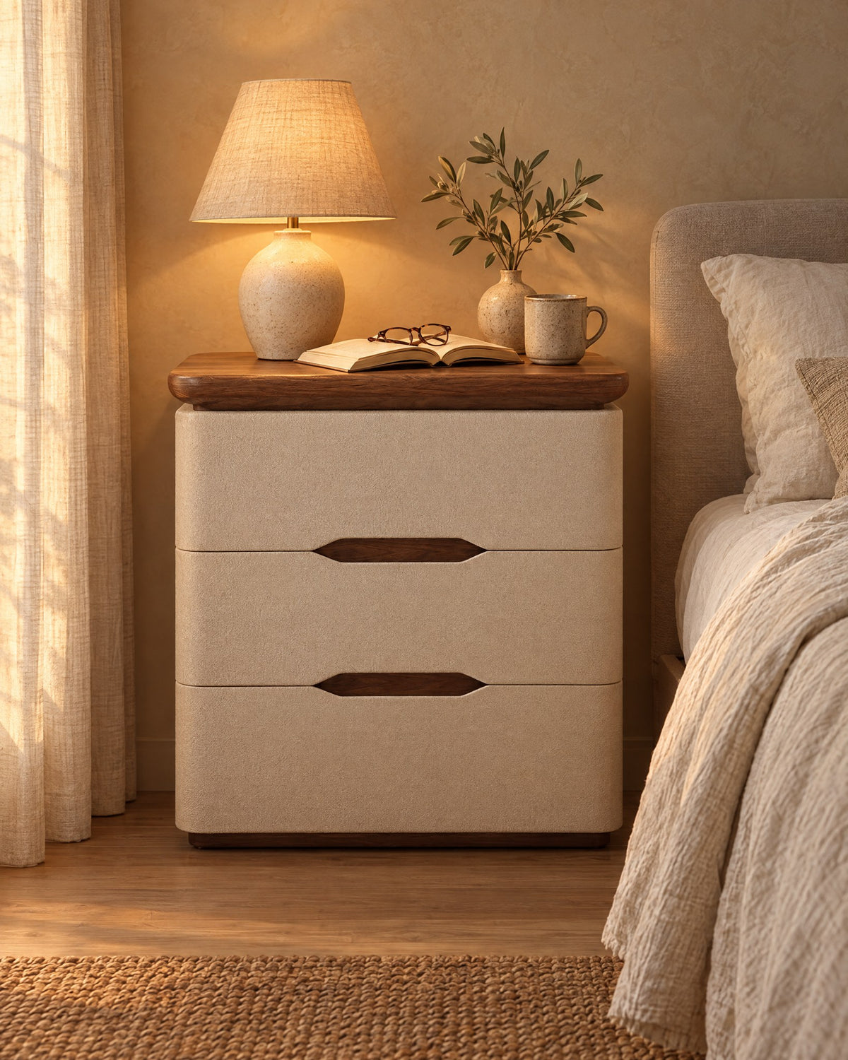 Cream bedside table with three drawers and a walnut-tone top, a lamp switched on and an open book in the evening