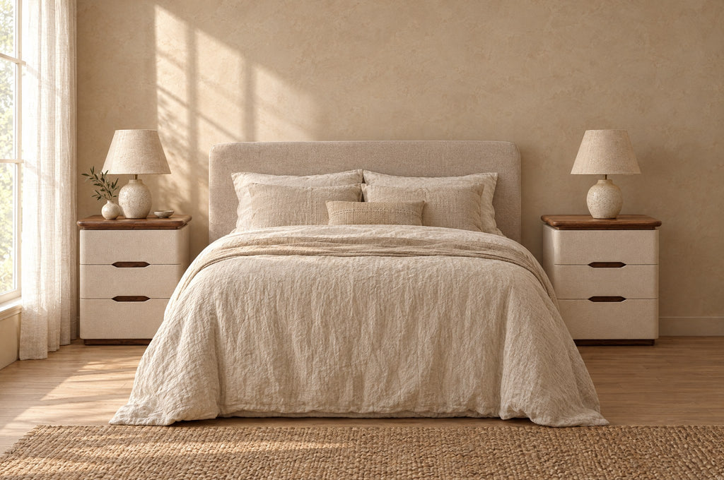 Pair of cream three-drawer bedside tables on each side of a double bed