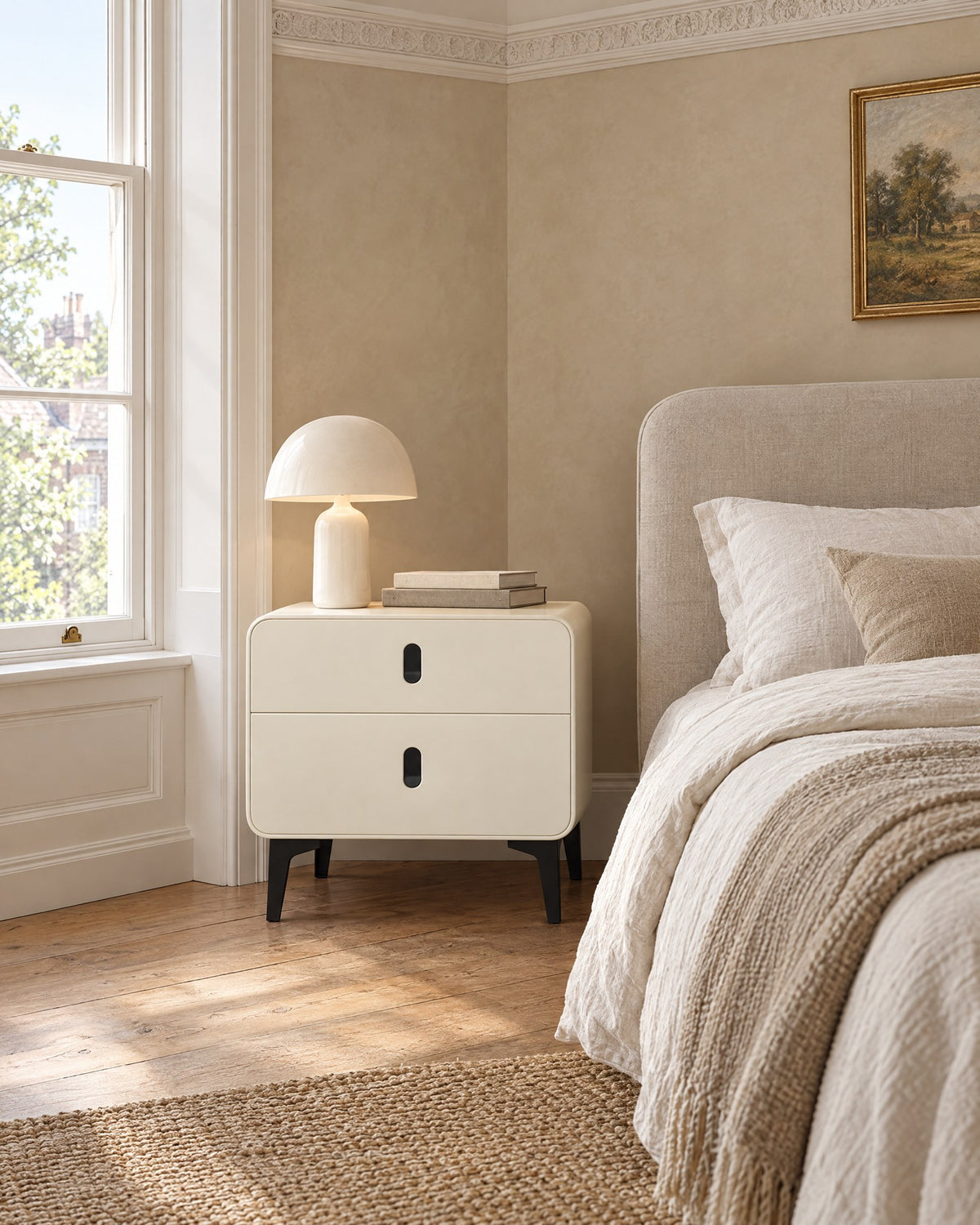 Cream bedside table with black metal legs beside a linen bed in a British bedroom with a sash window
