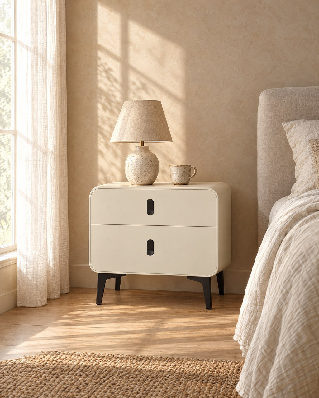 Cream bedside table with black metal legs in warm morning light
