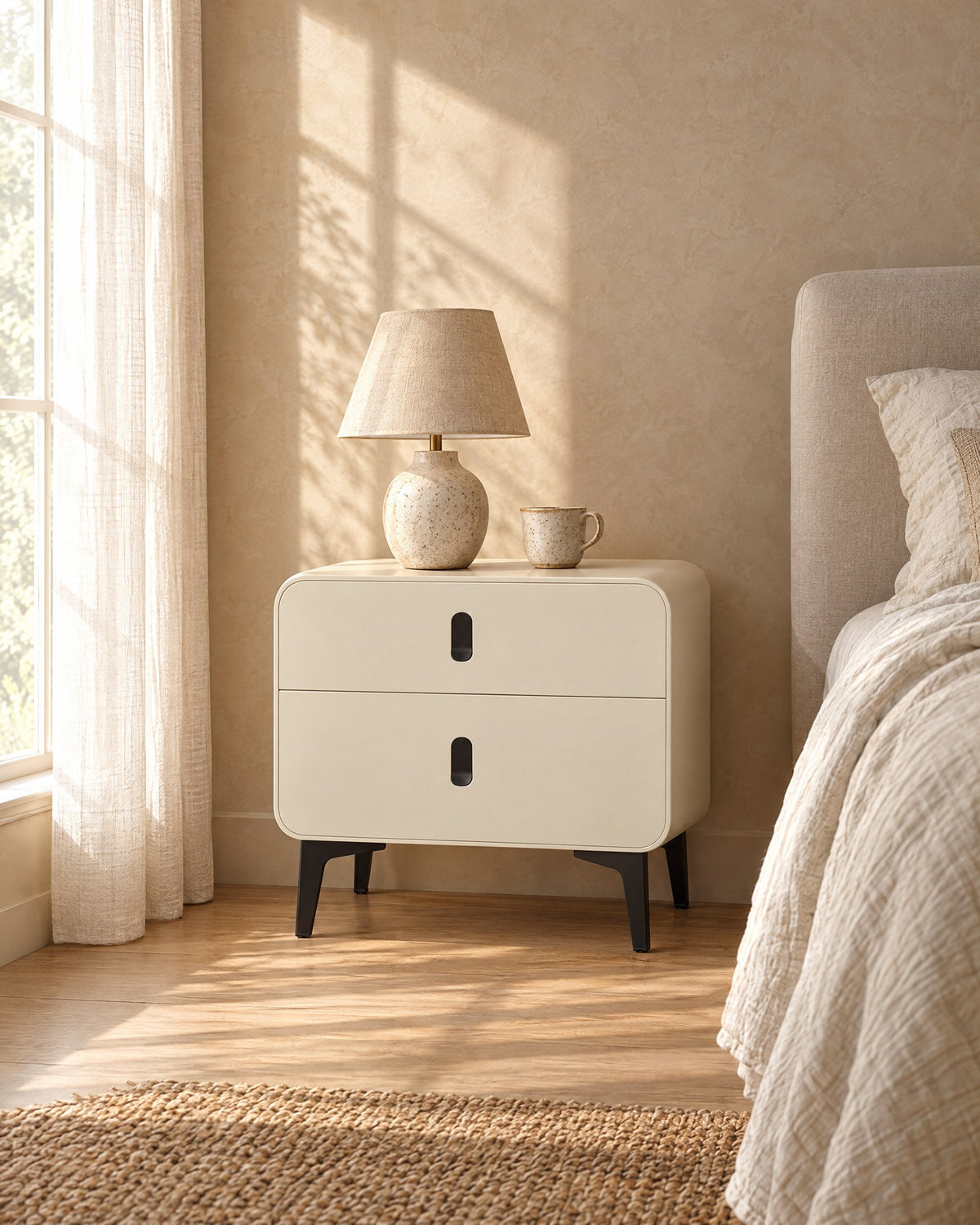 Cream bedside table with black metal legs in warm morning light