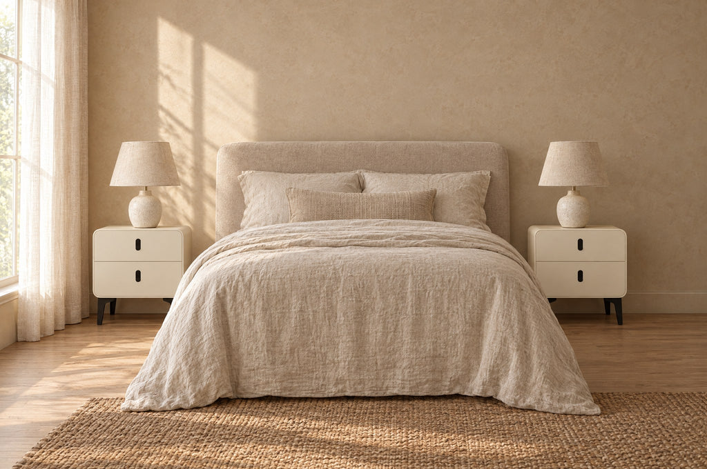 Pair of cream bedside tables with black metal legs on each side of a double bed