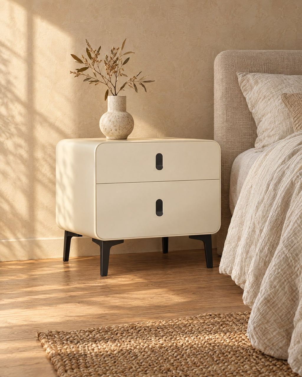 Three-quarter view of the cream bedside table with black metal legs
