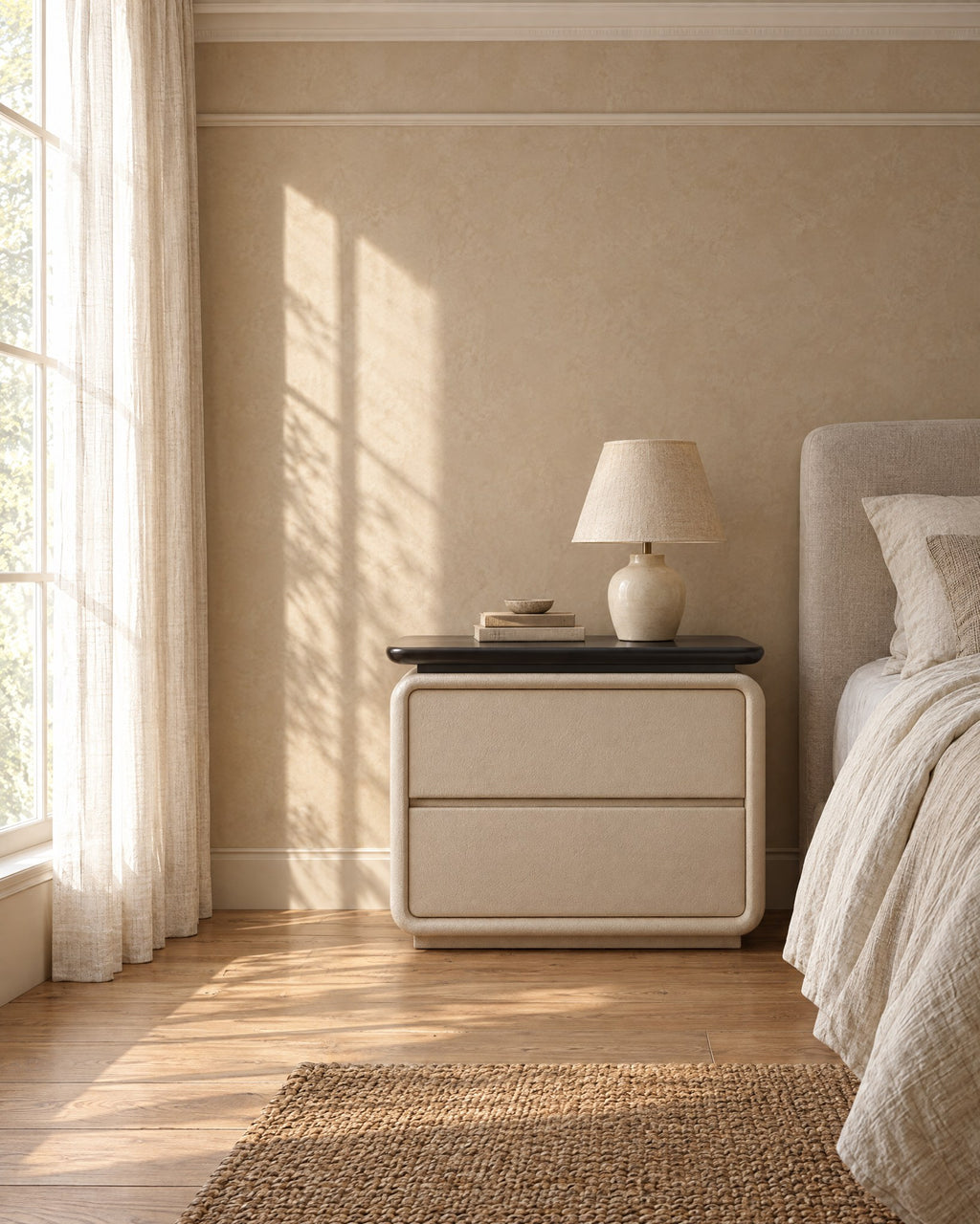 Cream bedside table with two drawers and a black top beside a linen bed in a British bedroom with a sash window