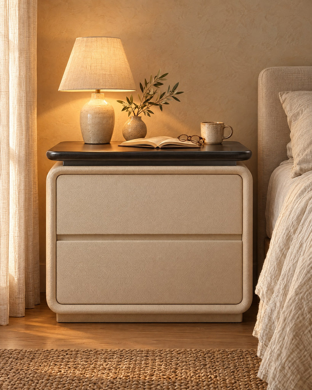 Cream bedside table with a black top, a lamp switched on and an open book in the evening
