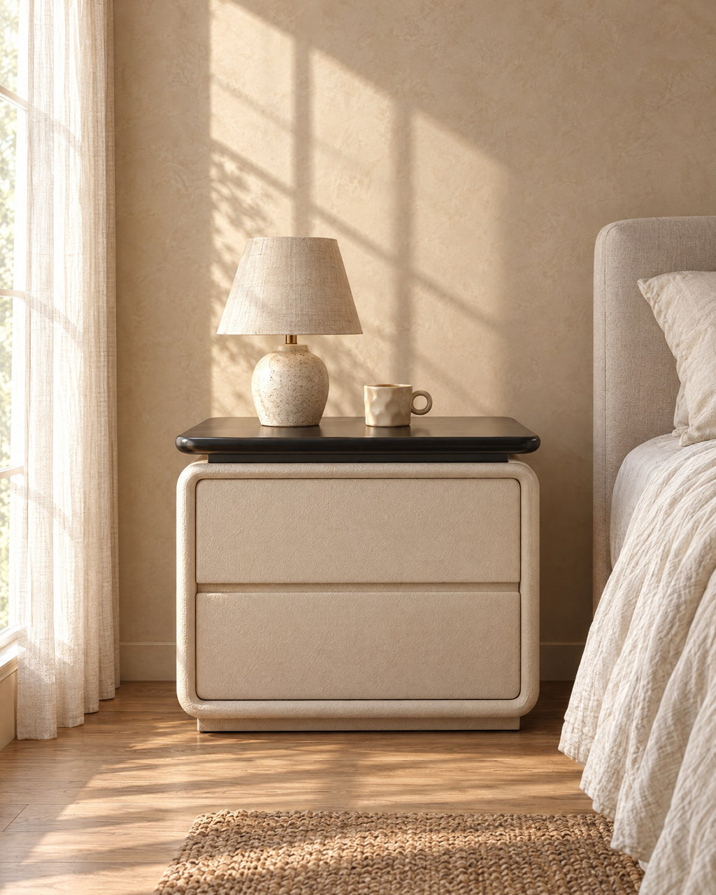Cream faux leather bedside table with a ceramic lamp in morning light