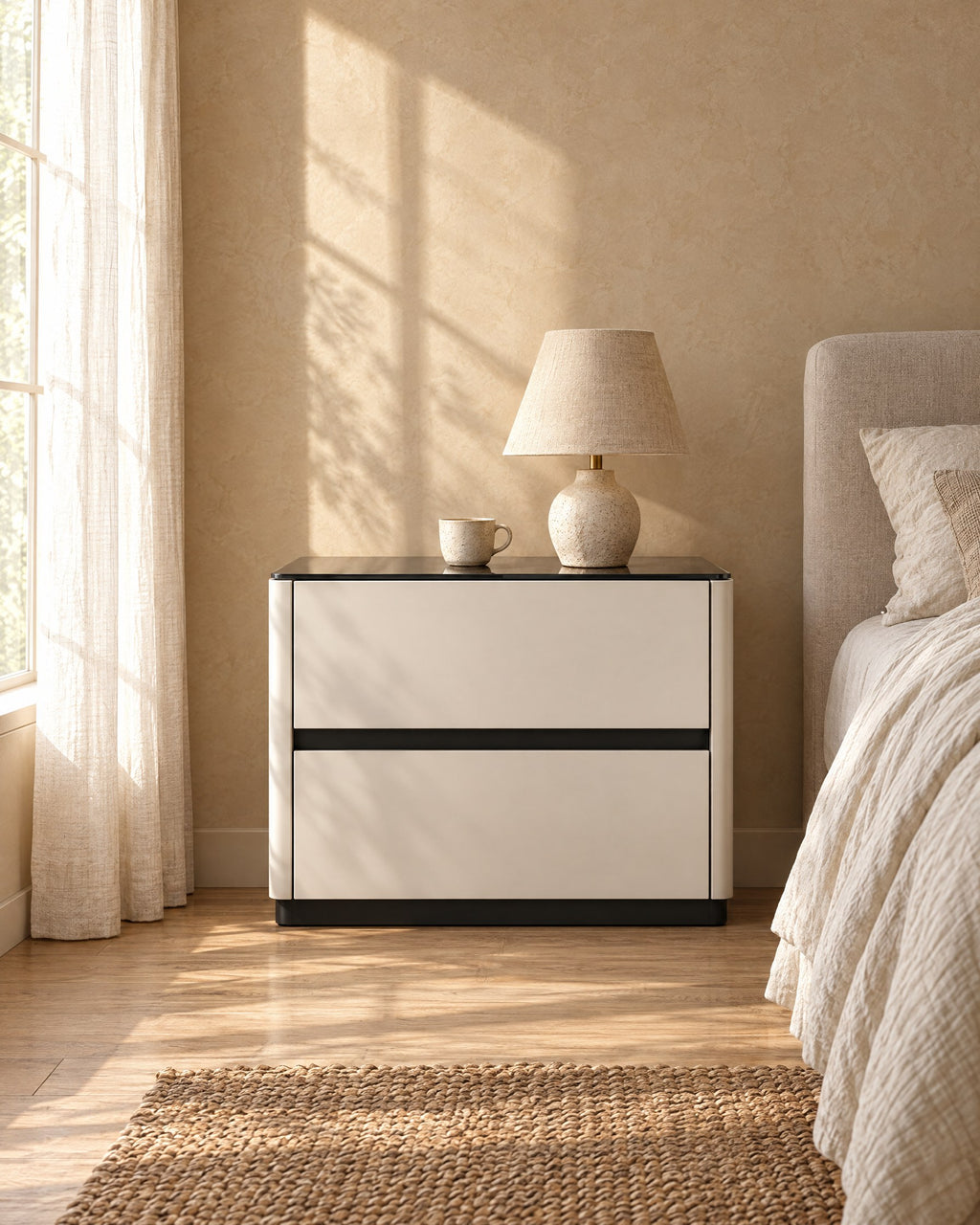 Cream bedside table with a glossy black top and two drawers with a ceramic lamp in morning light