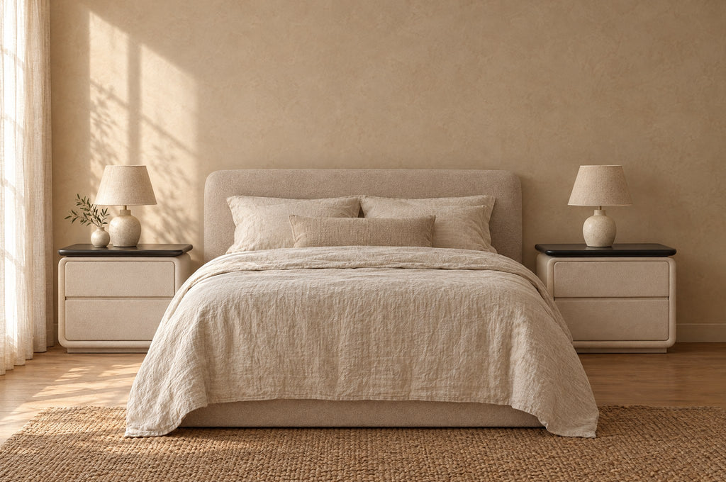 Pair of cream bedside tables with black tops on each side of a double bed