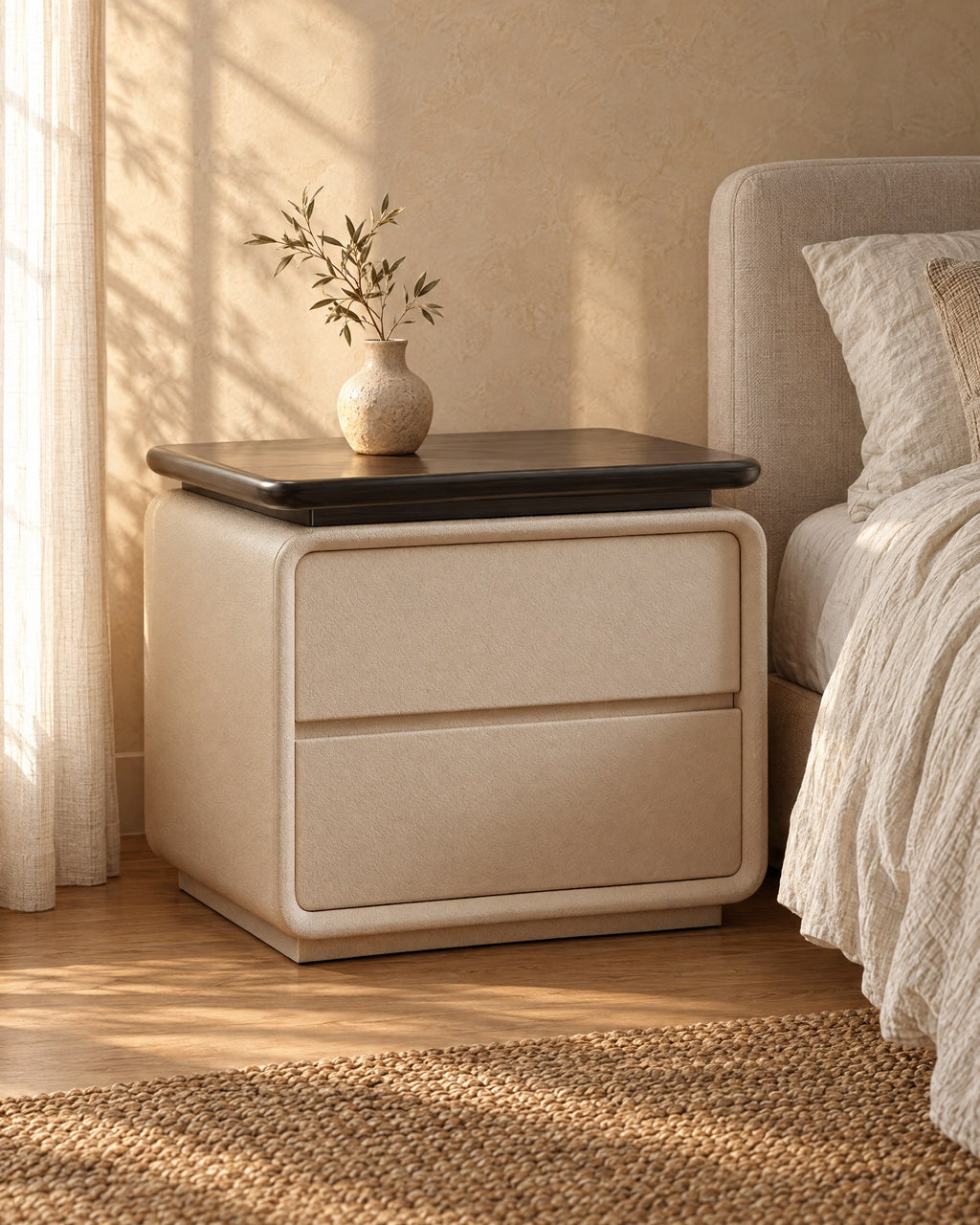 Three-quarter view of the cream bedside table showing its rounded frame and handle-free drawers
