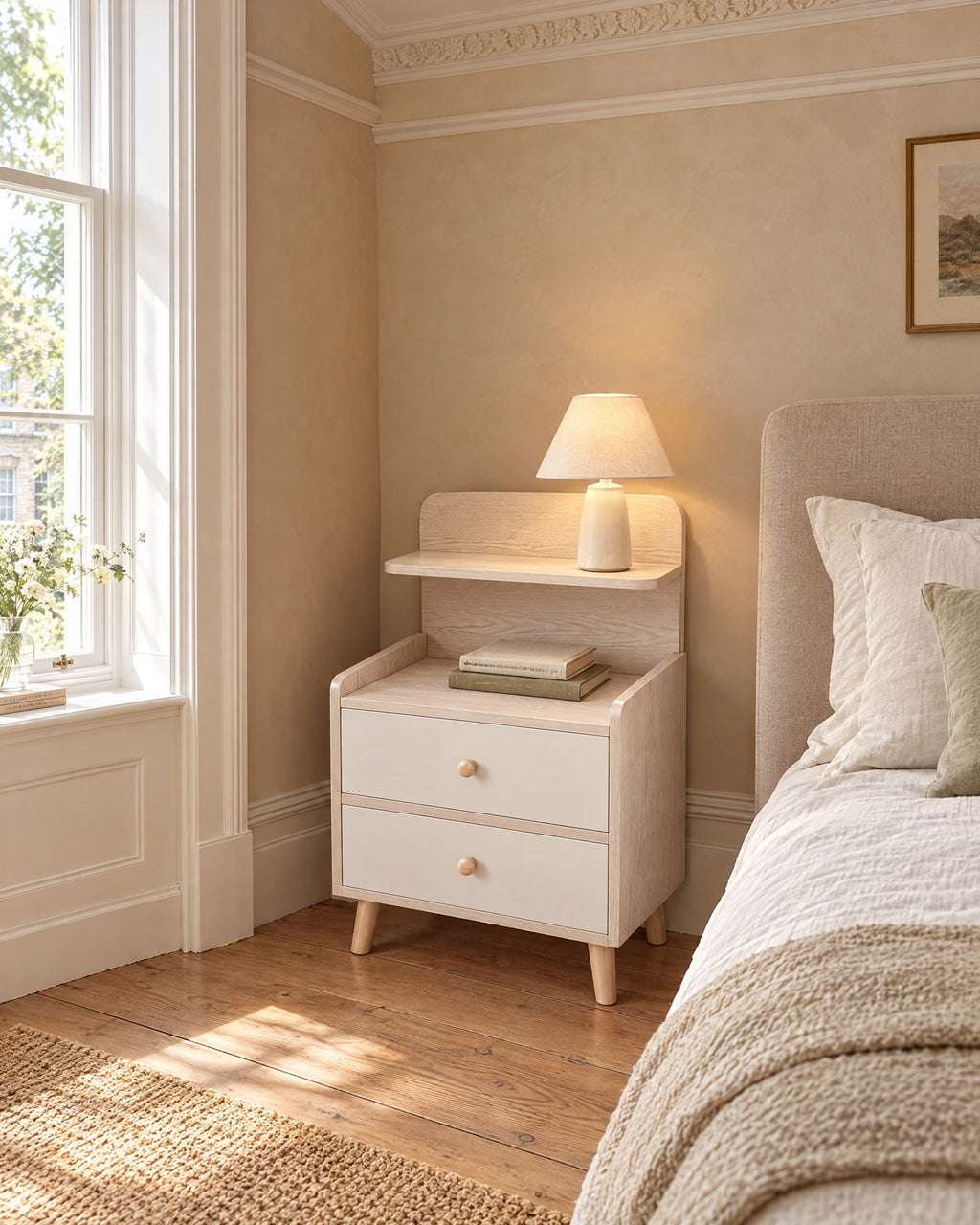 Cream bedside table with a shelf and two drawers beside a linen bed in a British bedroom with a sash window