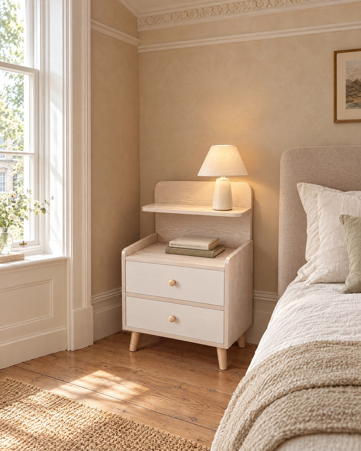 Cream bedside table with a shelf and two drawers beside a linen bed in a British bedroom with a sash window
