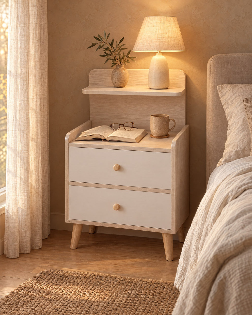 Cream bedside table with a shelf and two drawers, lamp switched on and an open book in the evening