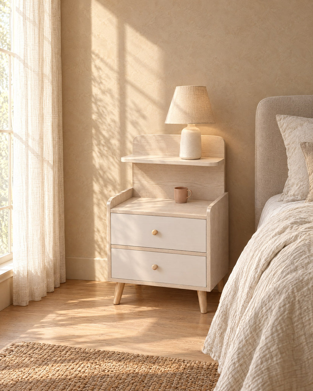 Cream bedside table with a shelf and two drawers in warm morning light