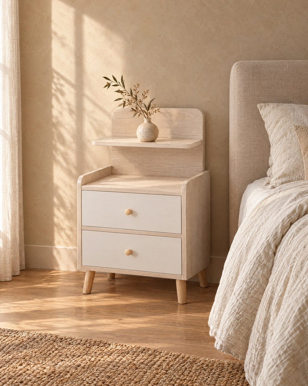 Three-quarter view of the cream bedside table with a shelf and two drawers