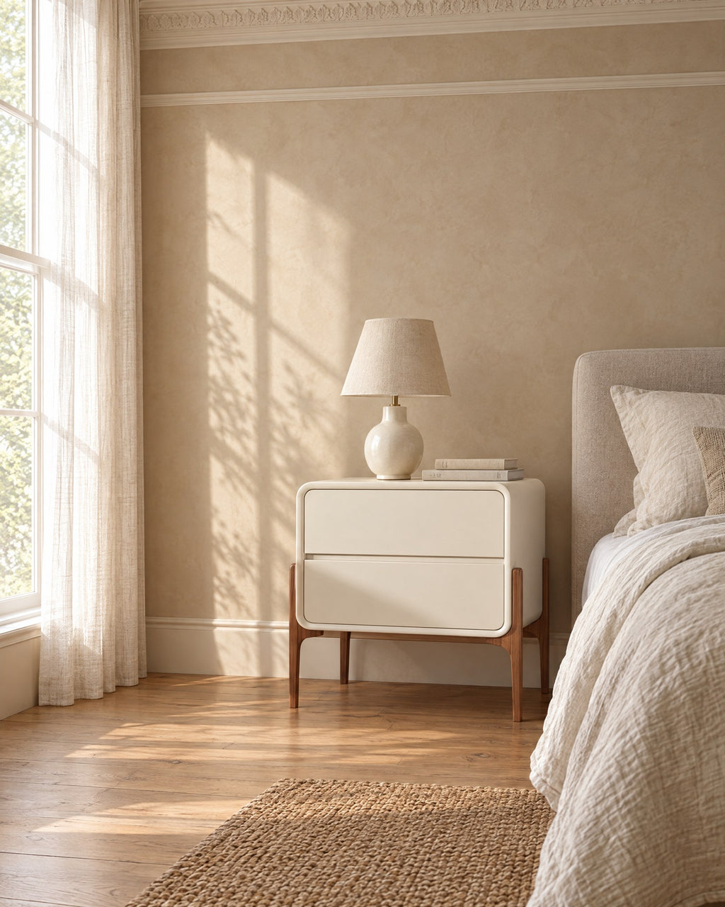 Cream bedside table on walnut-tone legs beside a linen bed in a bright British bedroom with a sash window