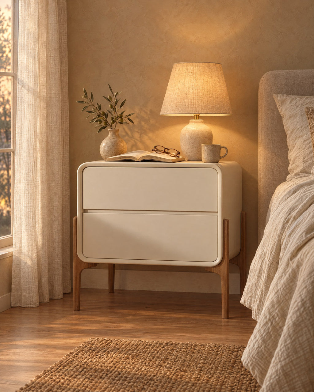 Cream bedside table on walnut-tone legs with a lamp switched on, an open book and reading glasses in the evening