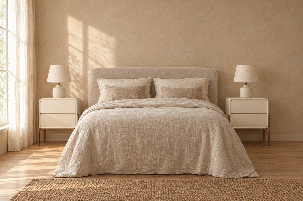 Pair of cream bedside table on walnut-tone legss on each side of a double bed