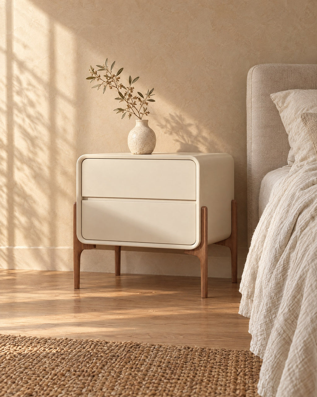 Cream bedside table on walnut-tone legs standing beside a bed with linen bedding