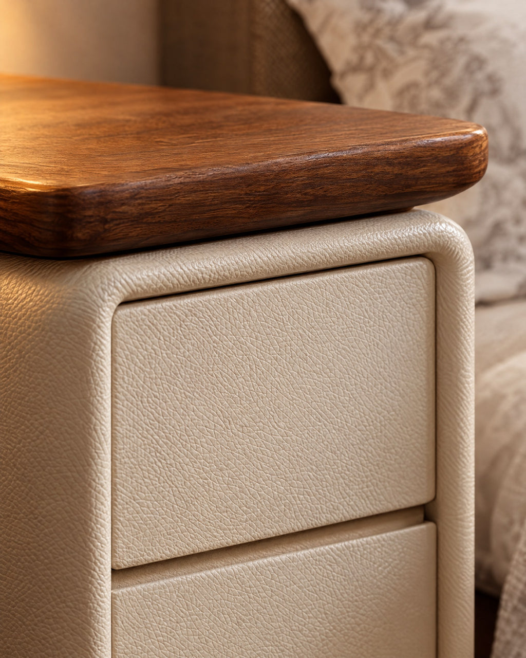 Close-up of the walnut-tone wooden top over the cream textured drawer front