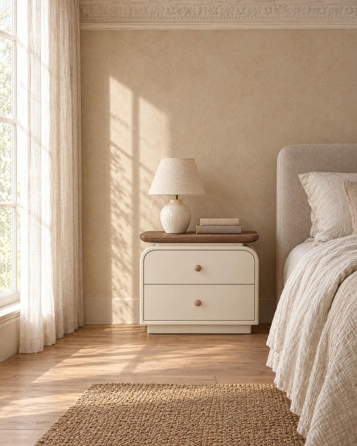 Cream bedside table with walnut-tone top and wooden knobs beside a linen bed in a bright British bedroom with a sash window