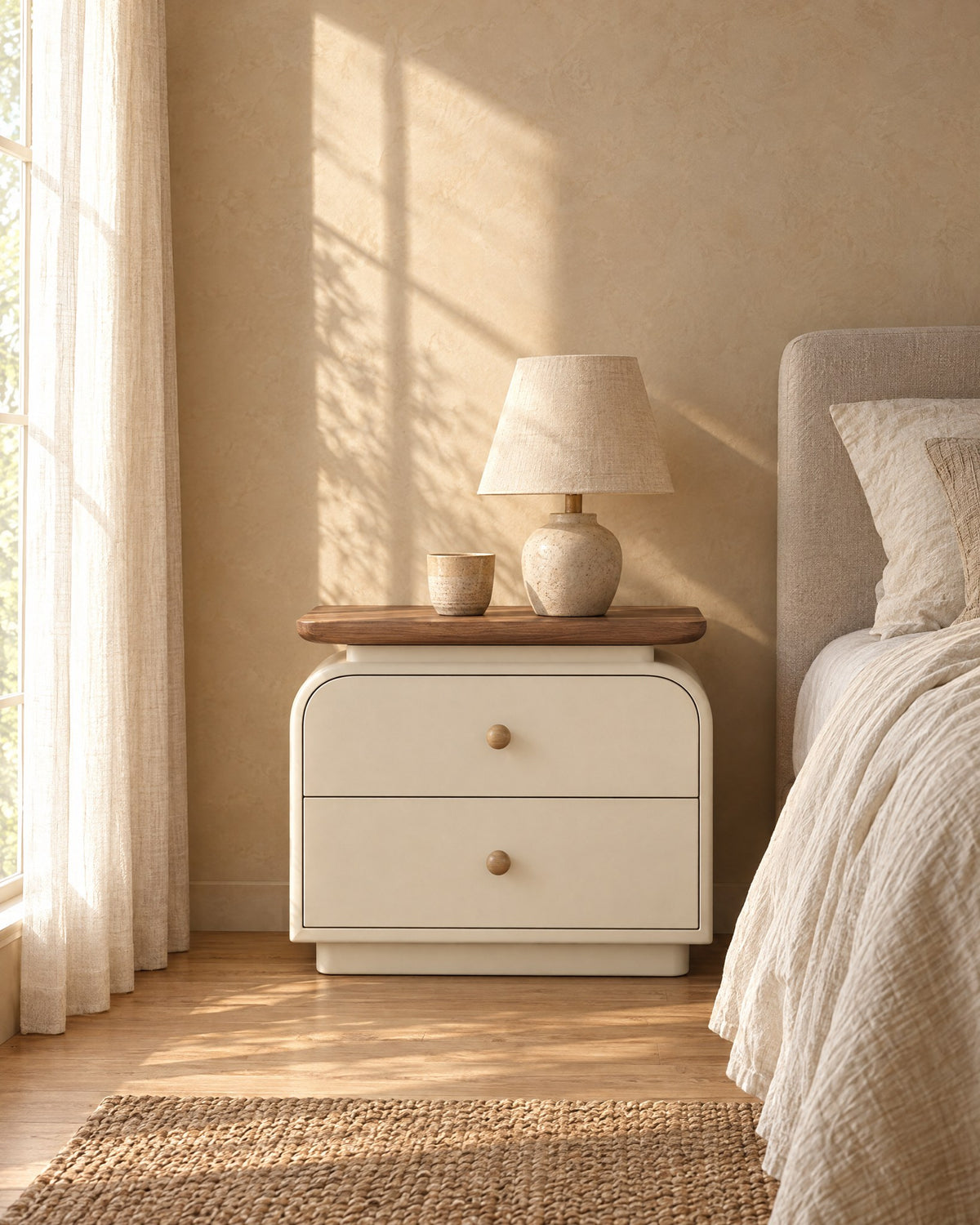Cream bedside table with walnut-tone top and wooden knobs with a ceramic lamp in morning light