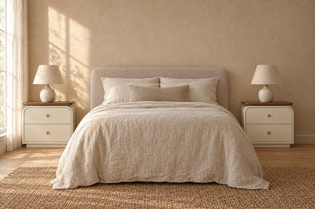 Pair of cream bedside table with walnut-tone top and wooden knobss on each side of a double bed
