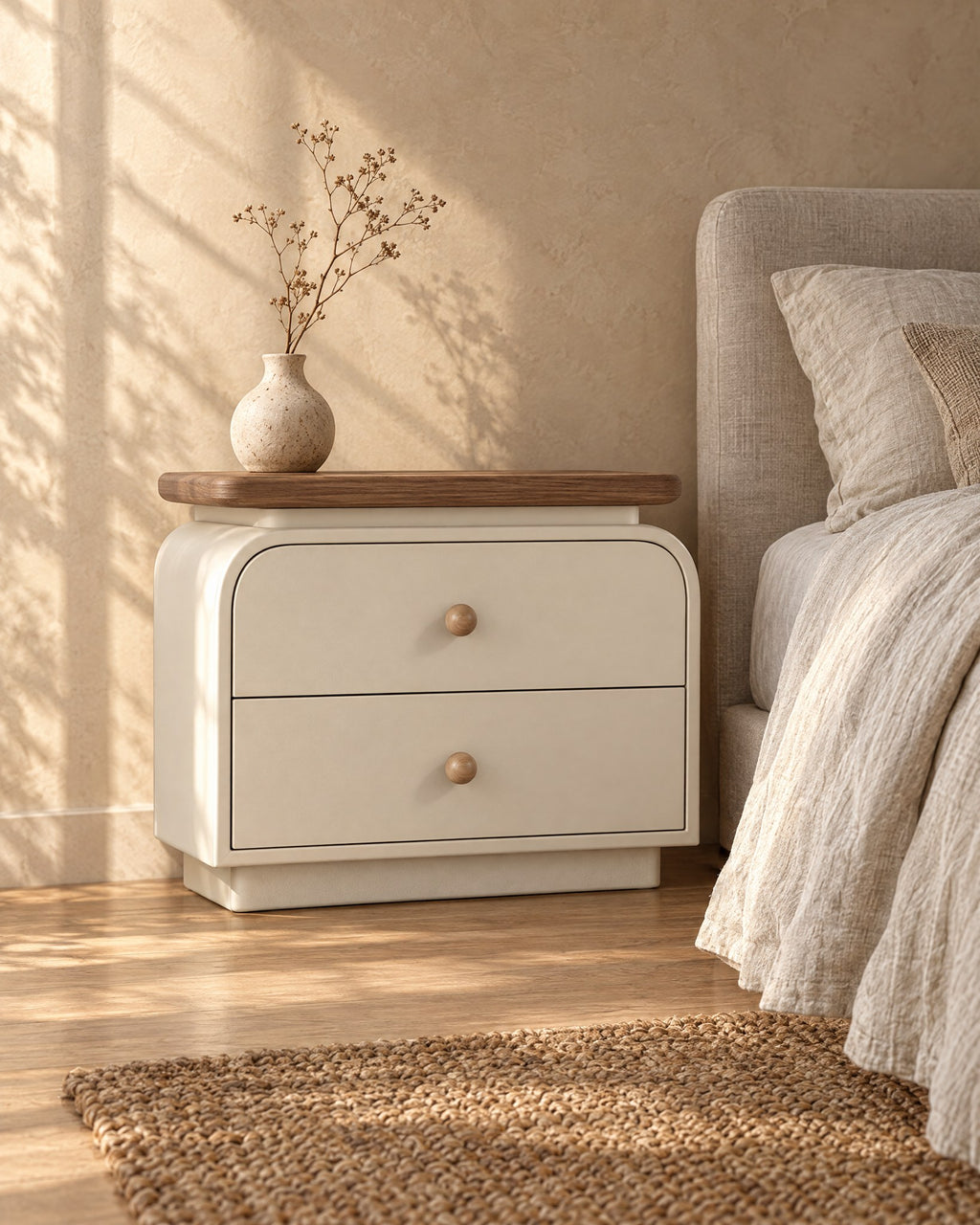 Cream bedside table with walnut-tone top and wooden knobs standing beside a bed with linen bedding
