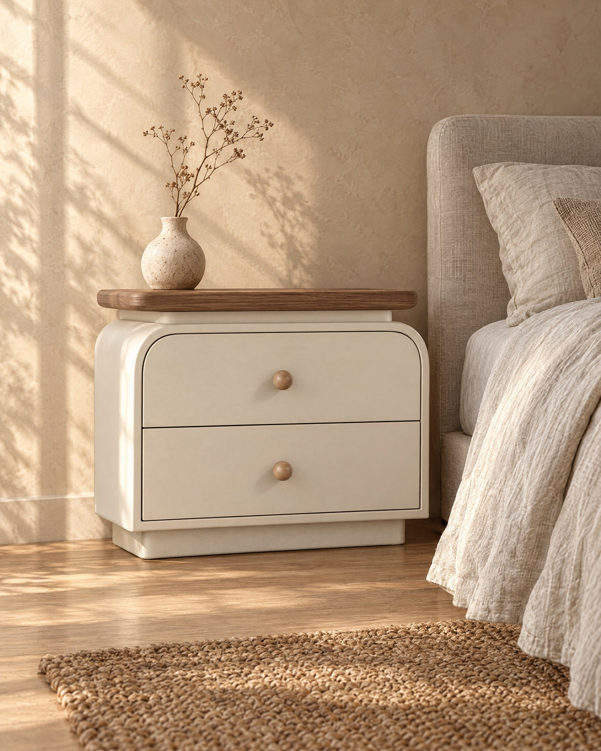 Cream bedside table with walnut-tone top and wooden knobs standing beside a bed with linen bedding