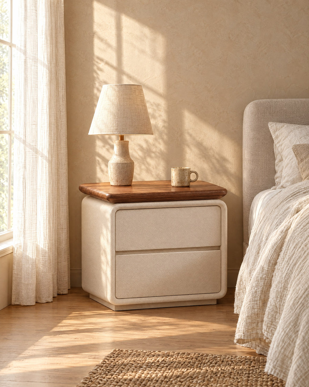 Cream bedside table with a walnut-tone top and two drawers with a ceramic lamp in warm morning light