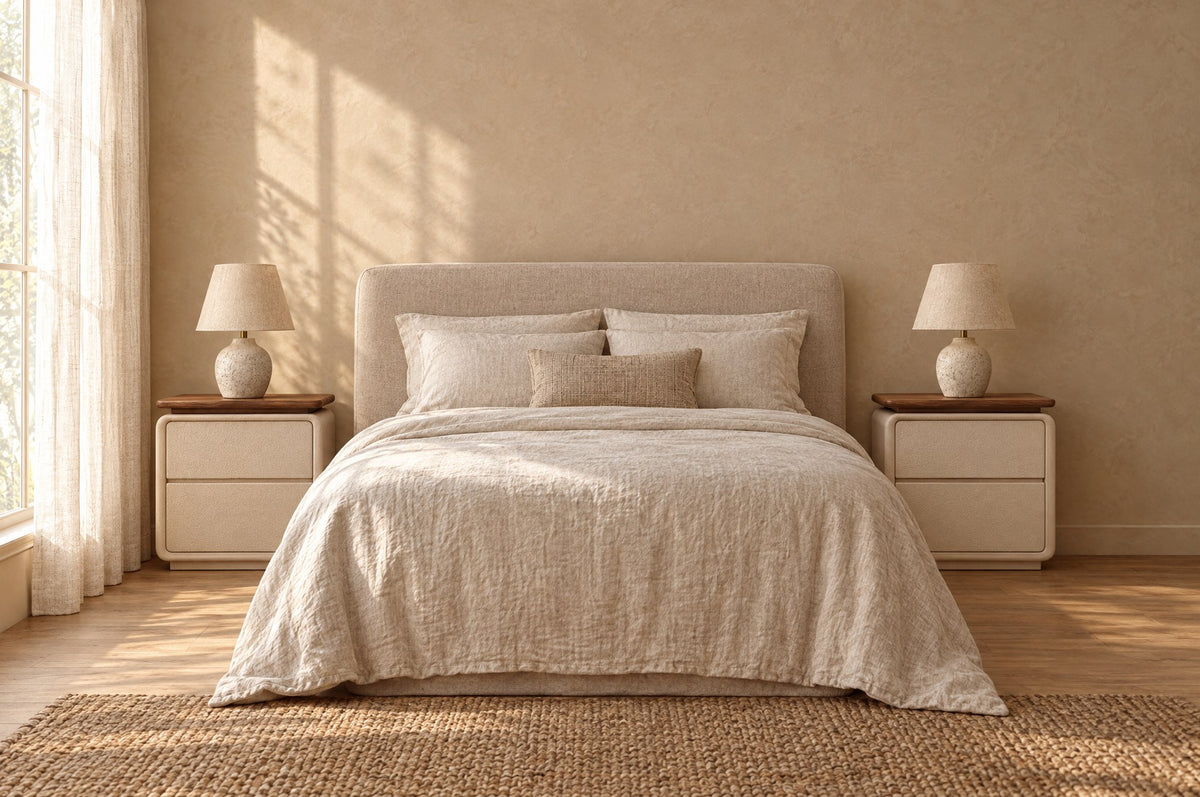 Pair of cream bedside tables with walnut-tone tops on each side of a double bed