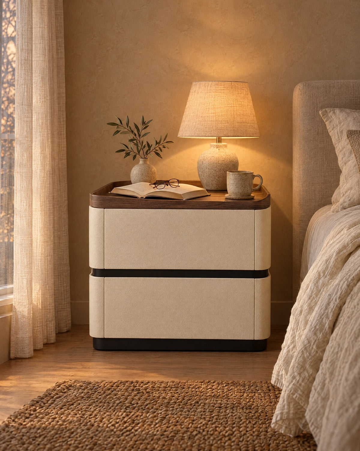 Cream bedside table with walnut tray top and two drawers, lamp switched on and an open book in the evening